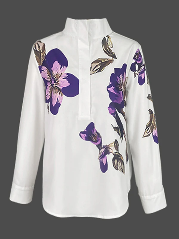 Long Sleeves Loose Flower Print Stand Collar Blouses&Shirts Tops - Image 4