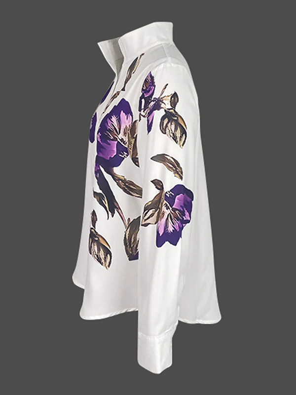 Long Sleeves Loose Flower Print Stand Collar Blouses&Shirts Tops - Image 5