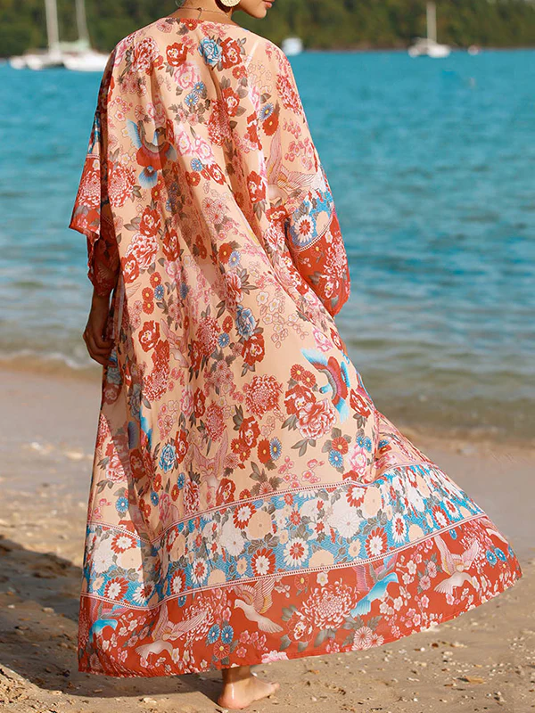 Long Sleeves Loose Flower Print Sun protection Collarless Cover-Ups Tops - Image 4