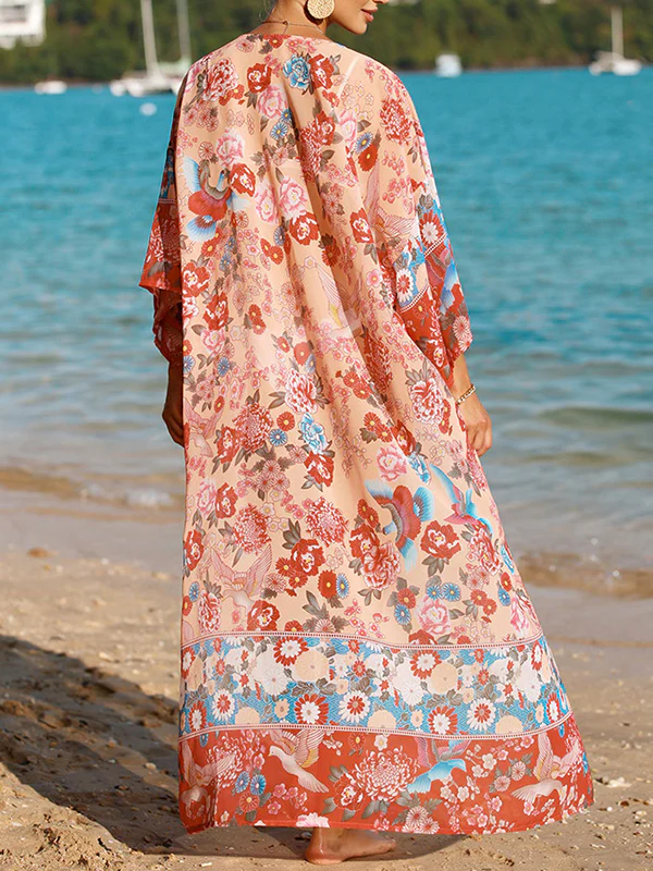 Long Sleeves Loose Flower Print Sun protection Collarless Cover-Ups Tops - Image 5