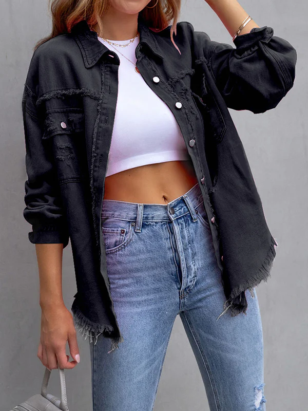 Long Sleeves Loose Fringed Pockets Lapel Outerwear - Image 10