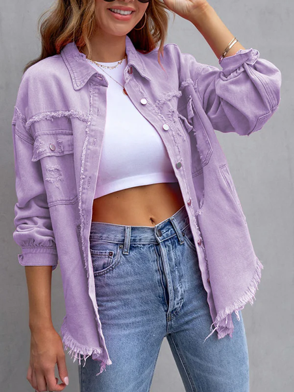 Long Sleeves Loose Fringed Pockets Lapel Outerwear - Image 12