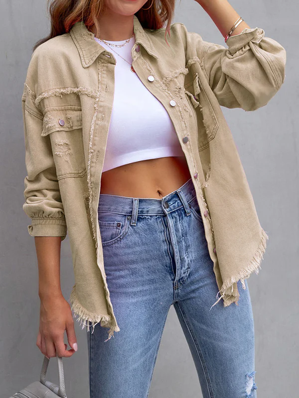 Long Sleeves Loose Fringed Pockets Lapel Outerwear - Image 13