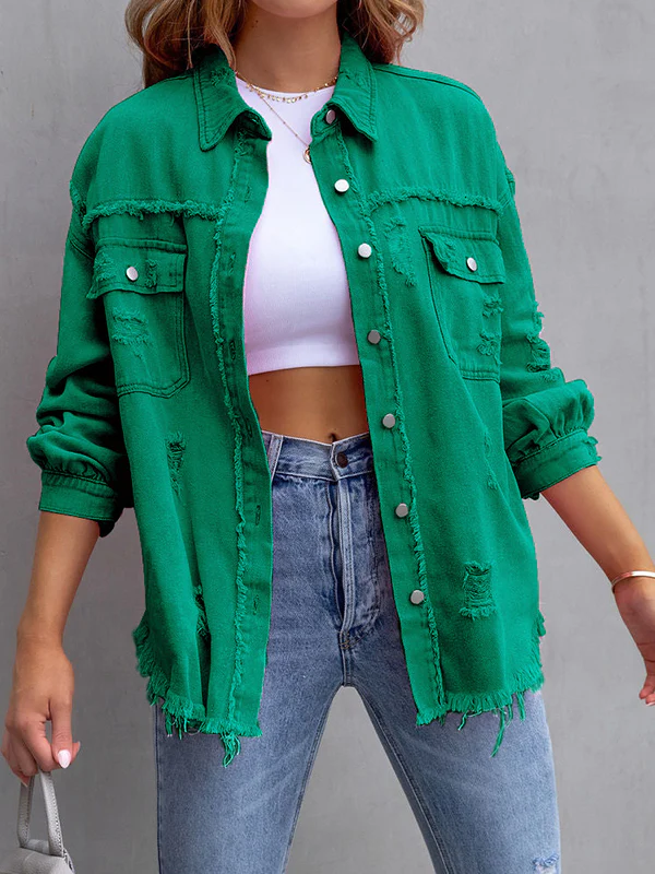Long Sleeves Loose Fringed Pockets Lapel Outerwear - Image 3