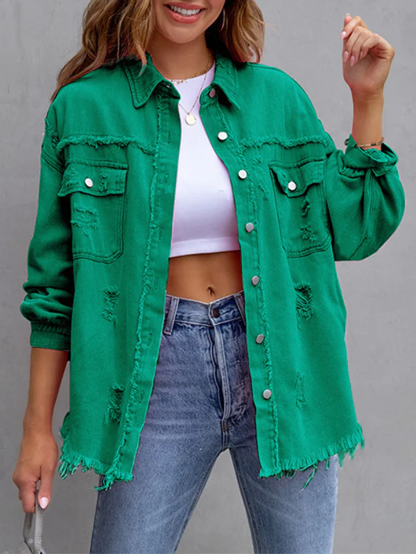 Long Sleeves Loose Fringed Pockets Lapel Outerwear - Image 4