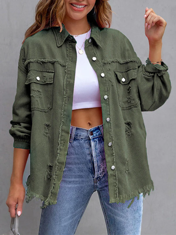 Long Sleeves Loose Fringed Pockets Lapel Outerwear - Image 7