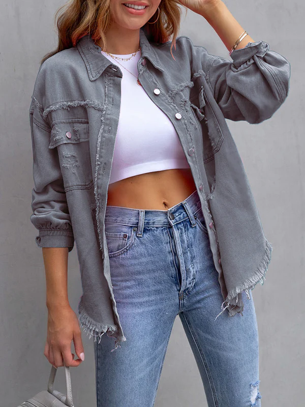 Long Sleeves Loose Fringed Pockets Lapel Outerwear - Image 8