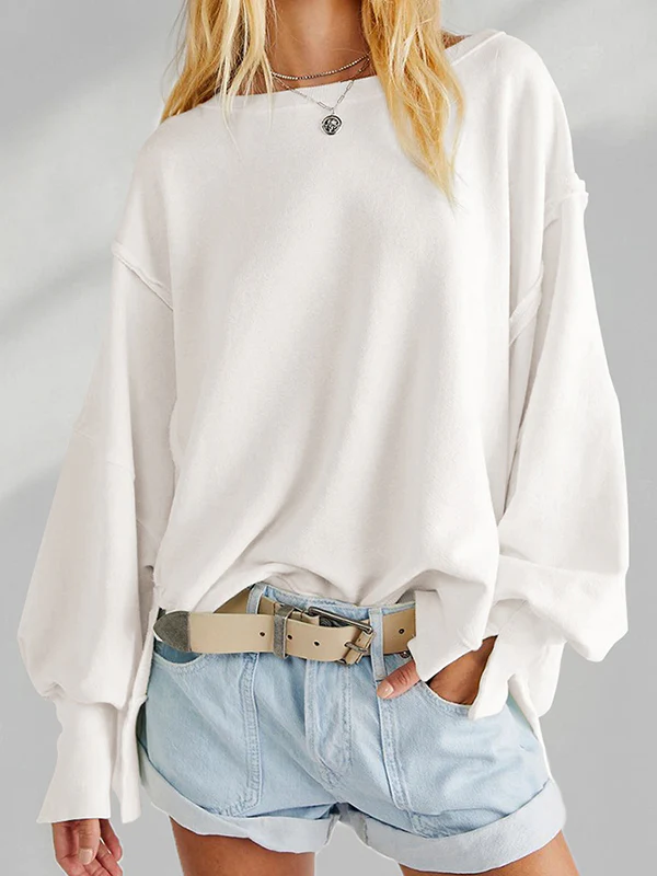 Long Sleeves Loose Fringed Solid Color Split-Joint Split-Side Round-Neck Sweatershirt - Image 10