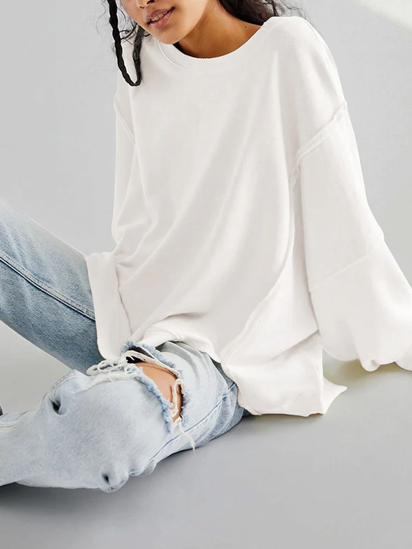 Long Sleeves Loose Fringed Solid Color Split-Joint Split-Side Round-Neck Sweatershirt - Image 11