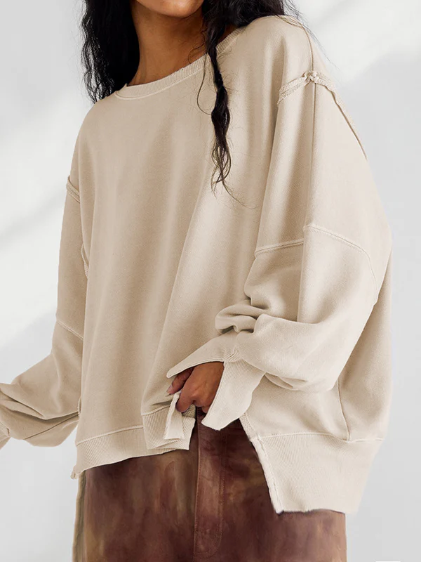 Long Sleeves Loose Fringed Solid Color Split-Joint Split-Side Round-Neck Sweatershirt - Image 13