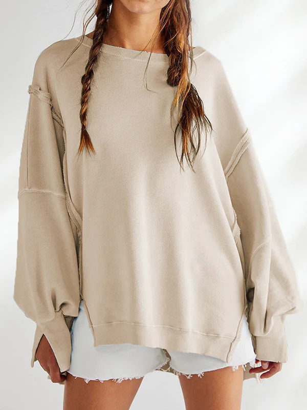 Long Sleeves Loose Fringed Solid Color Split-Joint Split-Side Round-Neck Sweatershirt - Image 14