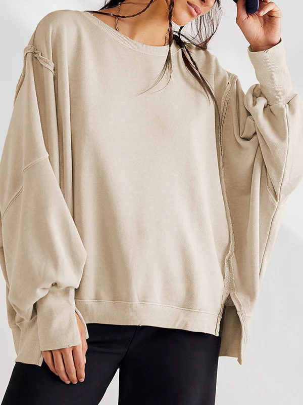 Long Sleeves Loose Fringed Solid Color Split-Joint Split-Side Round-Neck Sweatershirt - Image 15