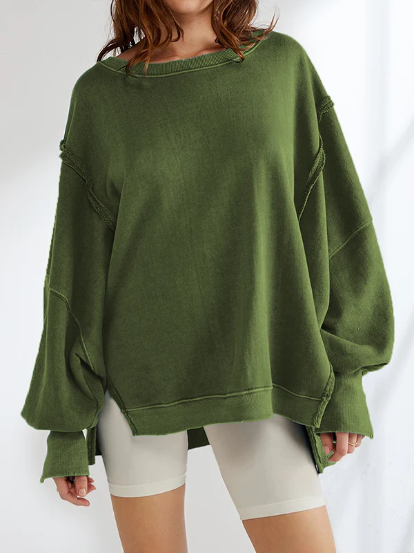 Long Sleeves Loose Fringed Solid Color Split-Joint Split-Side Round-Neck Sweatershirt - Image 2