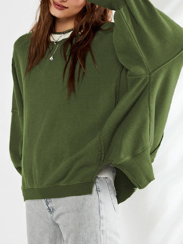 Long Sleeves Loose Fringed Solid Color Split-Joint Split-Side Round-Neck Sweatershirt - Image 3