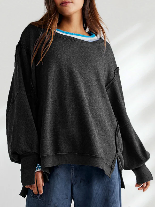 Long Sleeves Loose Fringed Solid Color Split-Joint Split-Side Round-Neck Sweatershirt - Image 4