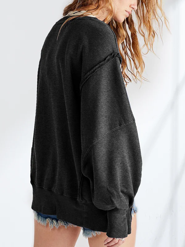 Long Sleeves Loose Fringed Solid Color Split-Joint Split-Side Round-Neck Sweatershirt - Image 5