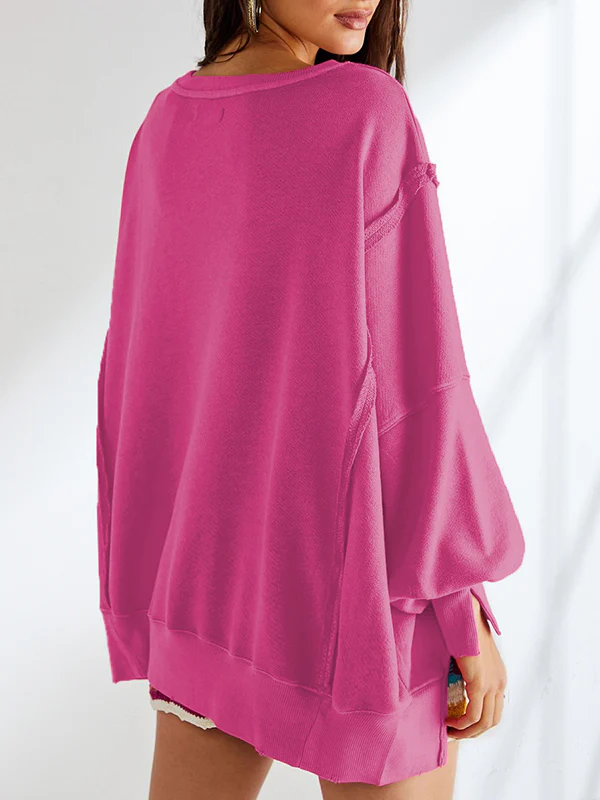 Long Sleeves Loose Fringed Solid Color Split-Joint Split-Side Round-Neck Sweatershirt - Image 6