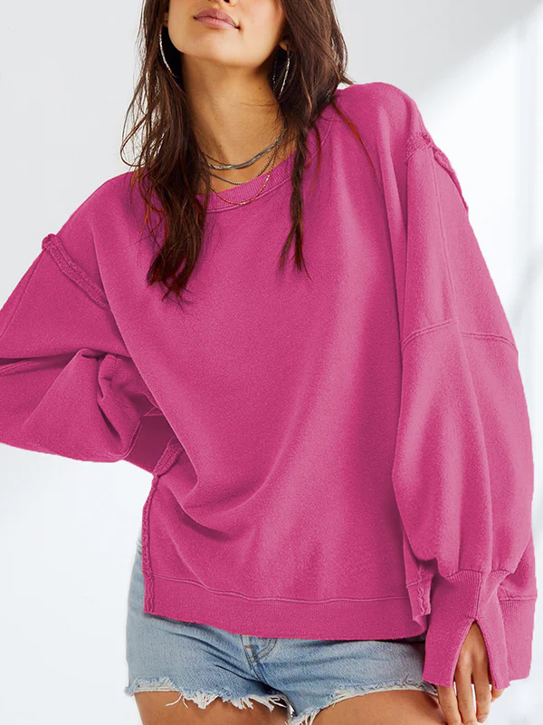 Long Sleeves Loose Fringed Solid Color Split-Joint Split-Side Round-Neck Sweatershirt - Image 7