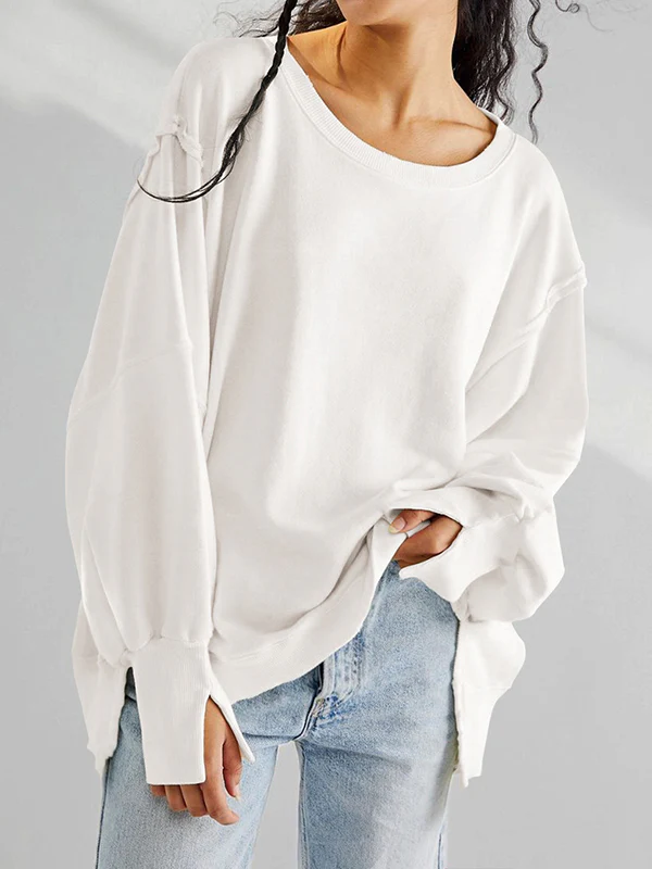 Long Sleeves Loose Fringed Solid Color Split-Joint Split-Side Round-Neck Sweatershirt - Image 8