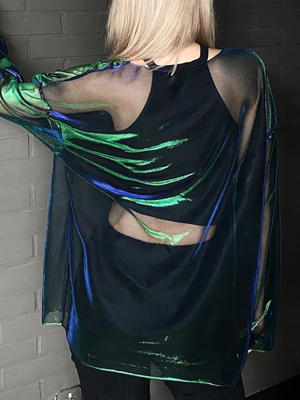 Long Sleeves Loose Gauze See-Through Round-Neck T-Shirts Tops - Image 2