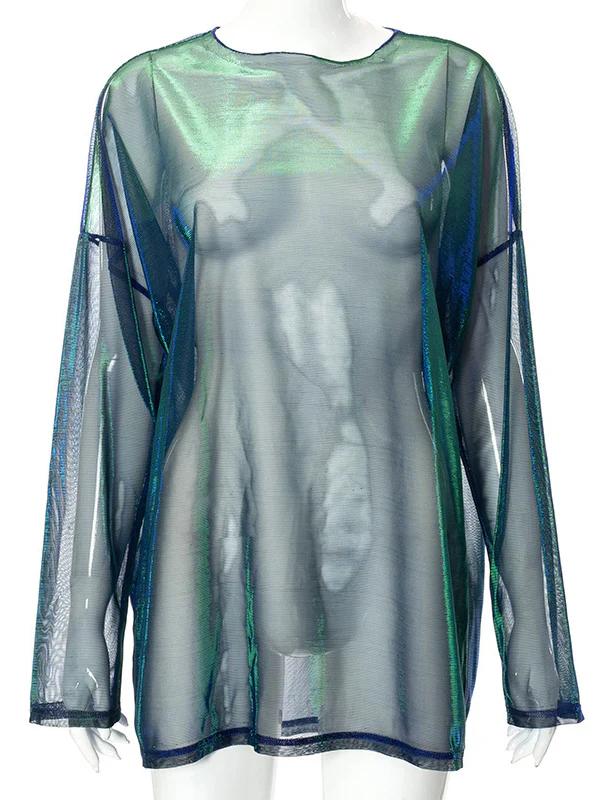 Long Sleeves Loose Gauze See-Through Round-Neck T-Shirts Tops - Image 3