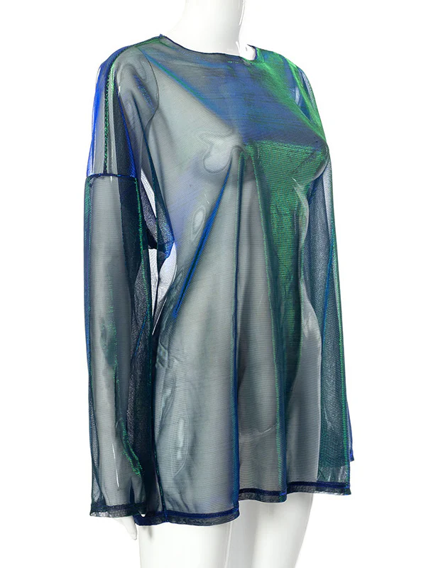 Long Sleeves Loose Gauze See-Through Round-Neck T-Shirts Tops - Image 4