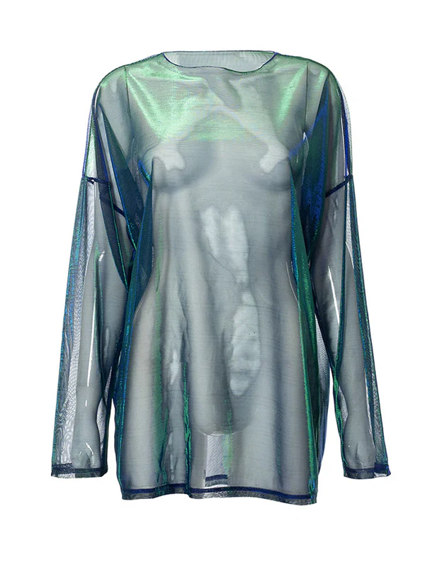 Long Sleeves Loose Gauze See-Through Round-Neck T-Shirts Tops - Image 5