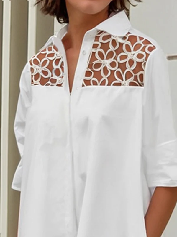 Long Sleeves Loose Gauze See-Through Solid Color Split-Joint Lapel Midi Dresses Shirt Dress - Image 3