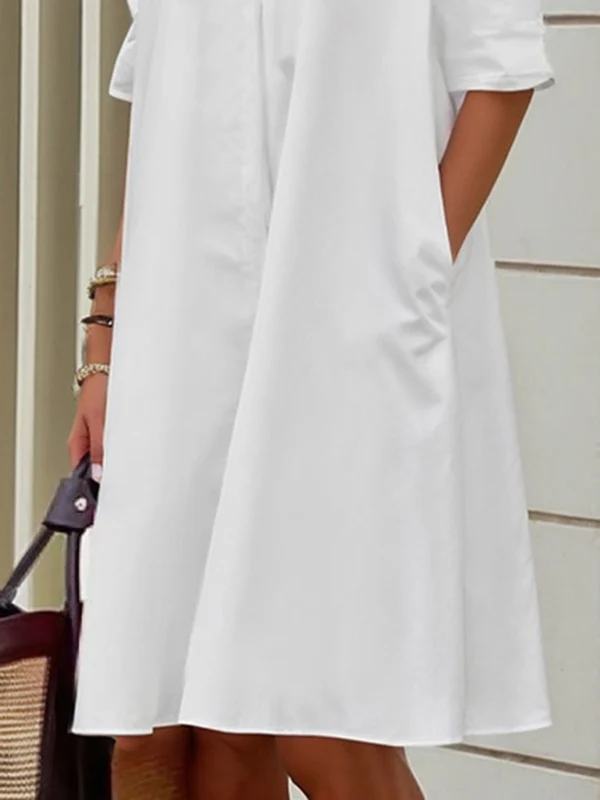 Long Sleeves Loose Gauze See-Through Solid Color Split-Joint Lapel Midi Dresses Shirt Dress - Image 4