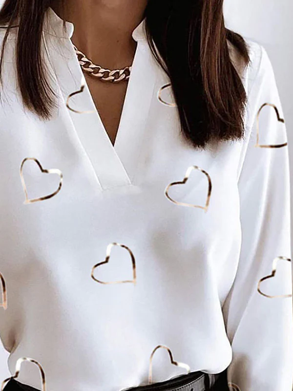 Long Sleeves Loose Heart Print V-Neck Blouses&Shirts Tops - Image 2