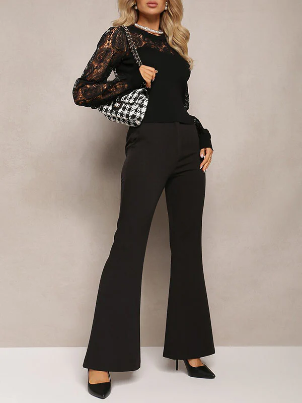 Long Sleeves Loose Hollow Pleated Solid Color Split-Joint Round-Neck T-Shirts Tops - Image 19
