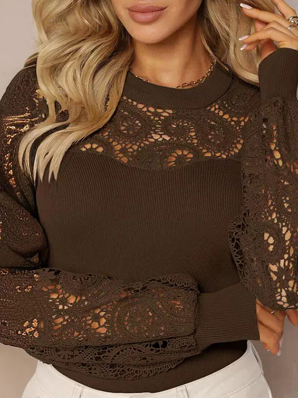 Long Sleeves Loose Hollow Pleated Solid Color Split-Joint Round-Neck T-Shirts Tops - Image 8