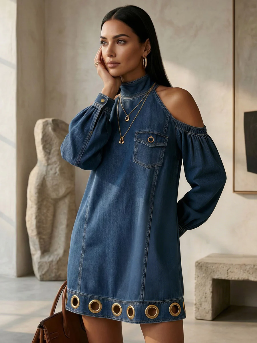 Long Sleeves Loose Hollow Pockets Solid Color Split-Joint Cold Shoulder Mini Dresses - Image 5