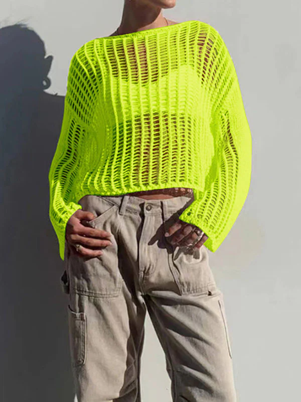 Long Sleeves Loose Hollow See-Through Solid Color Sun protection Round-neck Cover-Ups Tops Knitwear Pullovers - Image 5