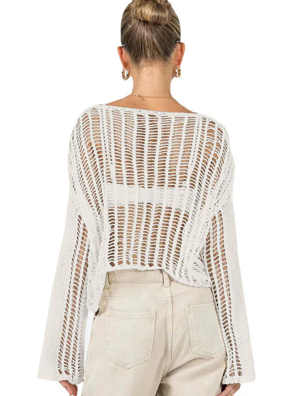 Long Sleeves Loose Hollow See-Through Solid Color Sun protection Round-neck Cover-Ups Tops Knitwear Pullovers - Image 9