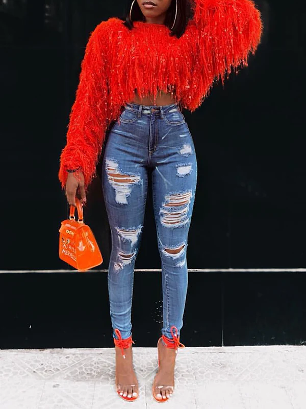 Long Sleeves Loose Hollow Sequined Tasseled Round-Neck Sweater Tops - Image 7