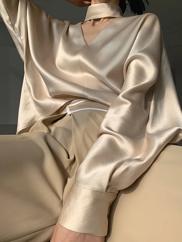 Long Sleeves Loose Hollow Shiny Solid Color V-Neck Blouses&Shirts Tops - Image 2