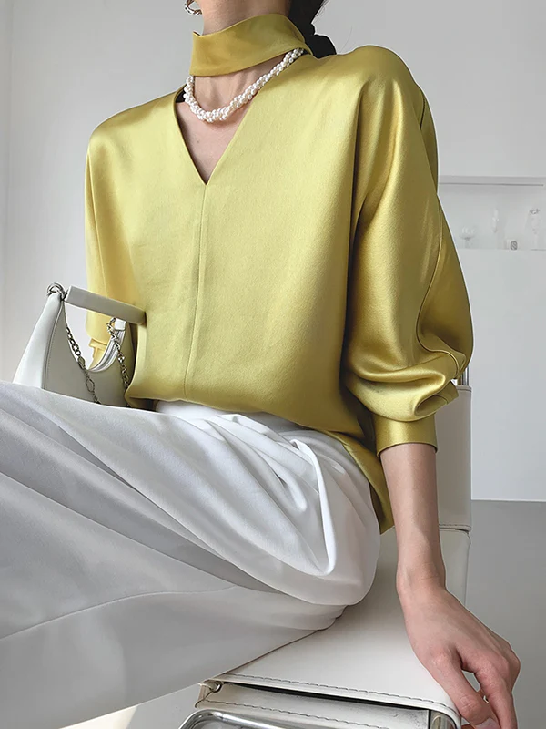 Long Sleeves Loose Hollow Shiny Solid Color V-Neck Blouses&Shirts Tops - Image 3