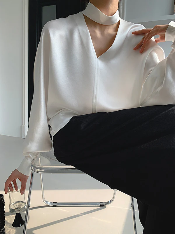 Long Sleeves Loose Hollow Shiny Solid Color V-Neck Blouses&Shirts Tops - Image 4