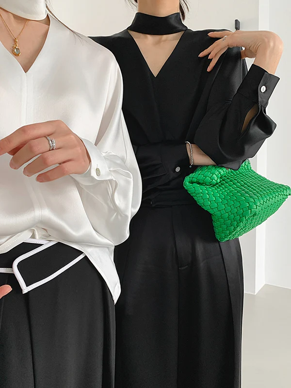 Long Sleeves Loose Hollow Shiny Solid Color V-Neck Blouses&Shirts Tops - Image 5