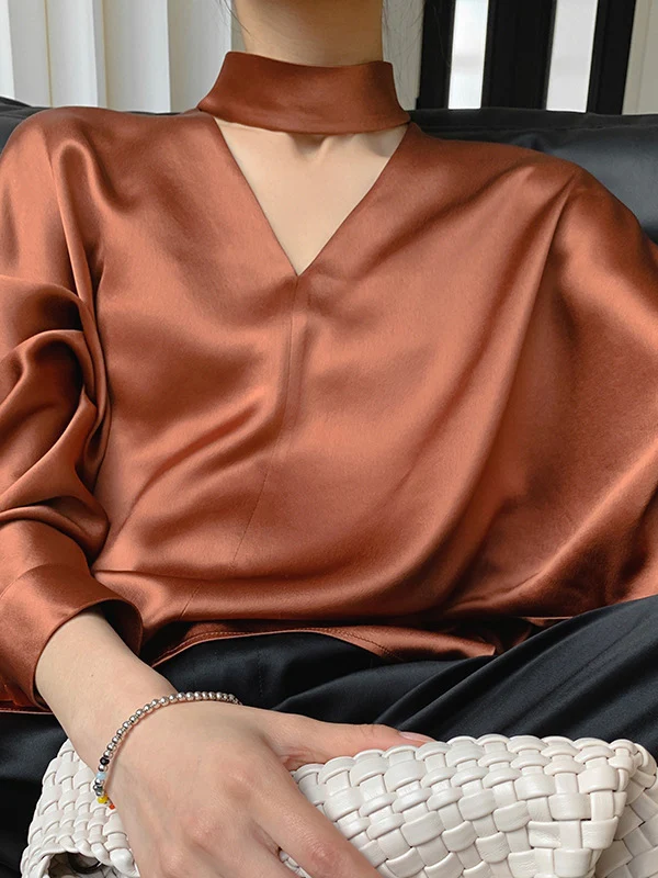 Long Sleeves Loose Hollow Shiny Solid Color V-Neck Blouses&Shirts Tops - Image 6