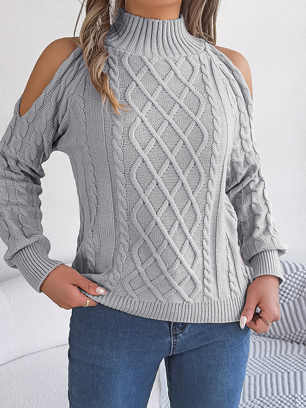 Long Sleeves Loose Hollow Solid Color Cold Shoulder Pullovers Sweater Tops - Image 10