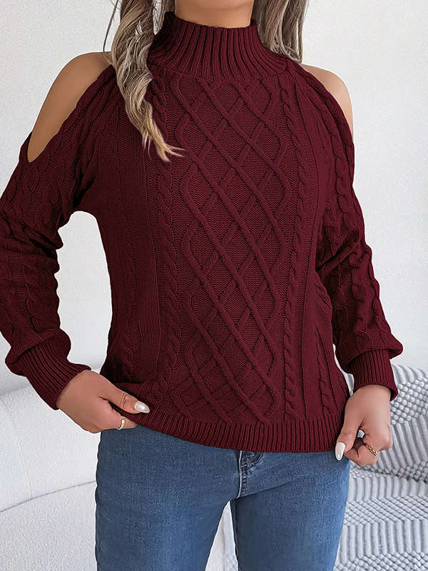 Long Sleeves Loose Hollow Solid Color Cold Shoulder Pullovers Sweater Tops - Image 13