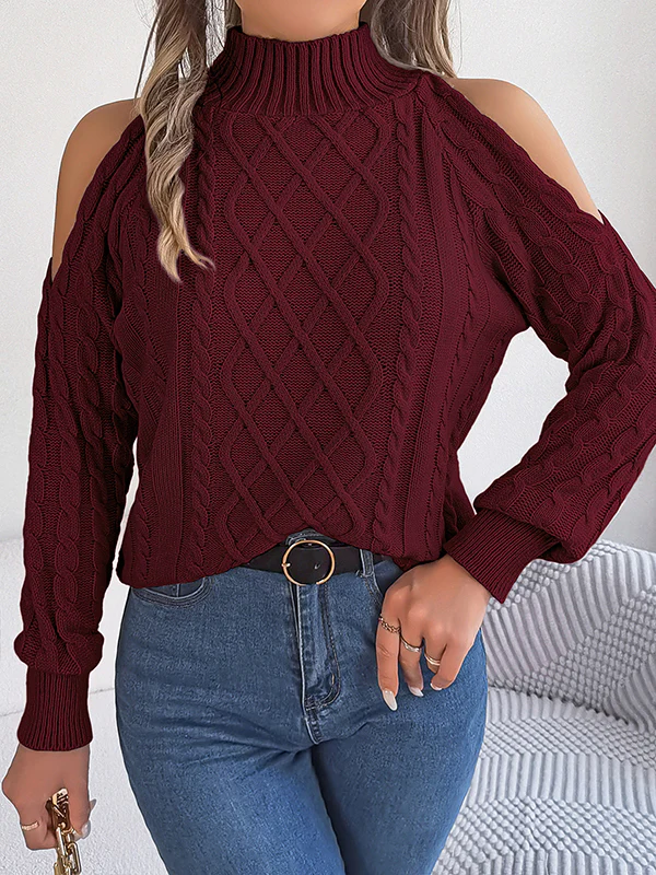 Long Sleeves Loose Hollow Solid Color Cold Shoulder Pullovers Sweater Tops - Image 14