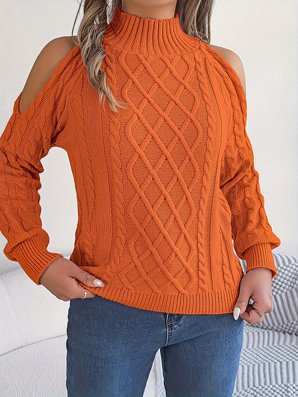 Long Sleeves Loose Hollow Solid Color Cold Shoulder Pullovers Sweater Tops - Image 15
