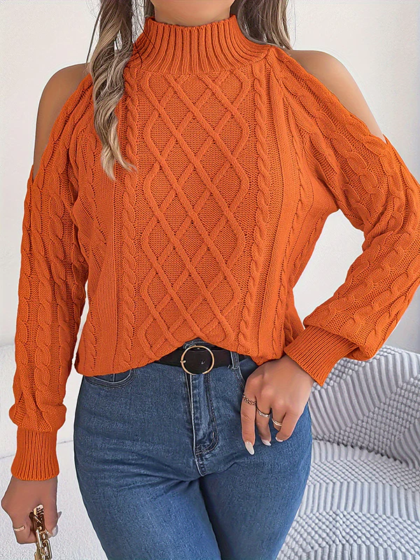Long Sleeves Loose Hollow Solid Color Cold Shoulder Pullovers Sweater Tops - Image 16