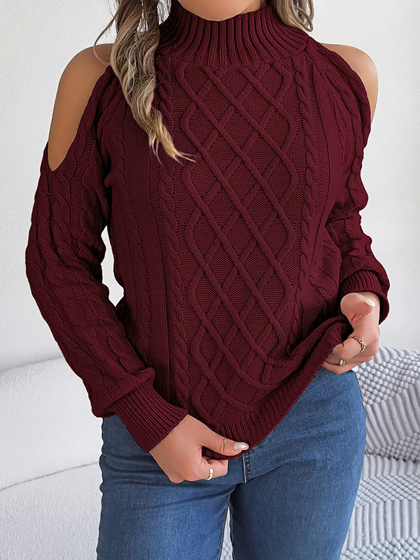 Long Sleeves Loose Hollow Solid Color Cold Shoulder Pullovers Sweater Tops - Image 3