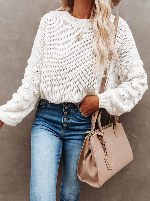 Long Sleeves Loose Hollow Solid Color Round-Neck Knitwear Pullovers Sweater Tops - Image 2