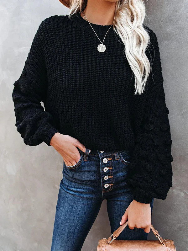 Long Sleeves Loose Hollow Solid Color Round-Neck Knitwear Pullovers Sweater Tops - Image 3