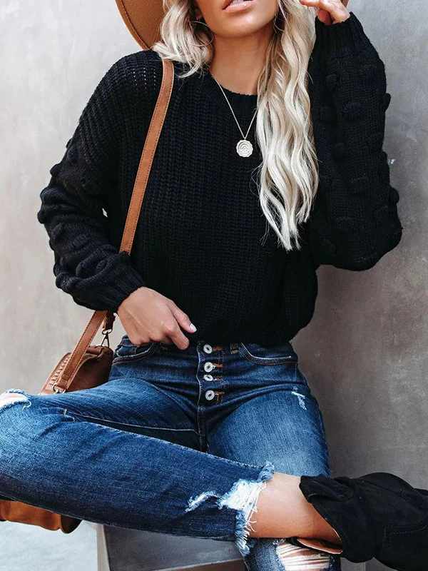 Long Sleeves Loose Hollow Solid Color Round-Neck Knitwear Pullovers Sweater Tops - Image 5